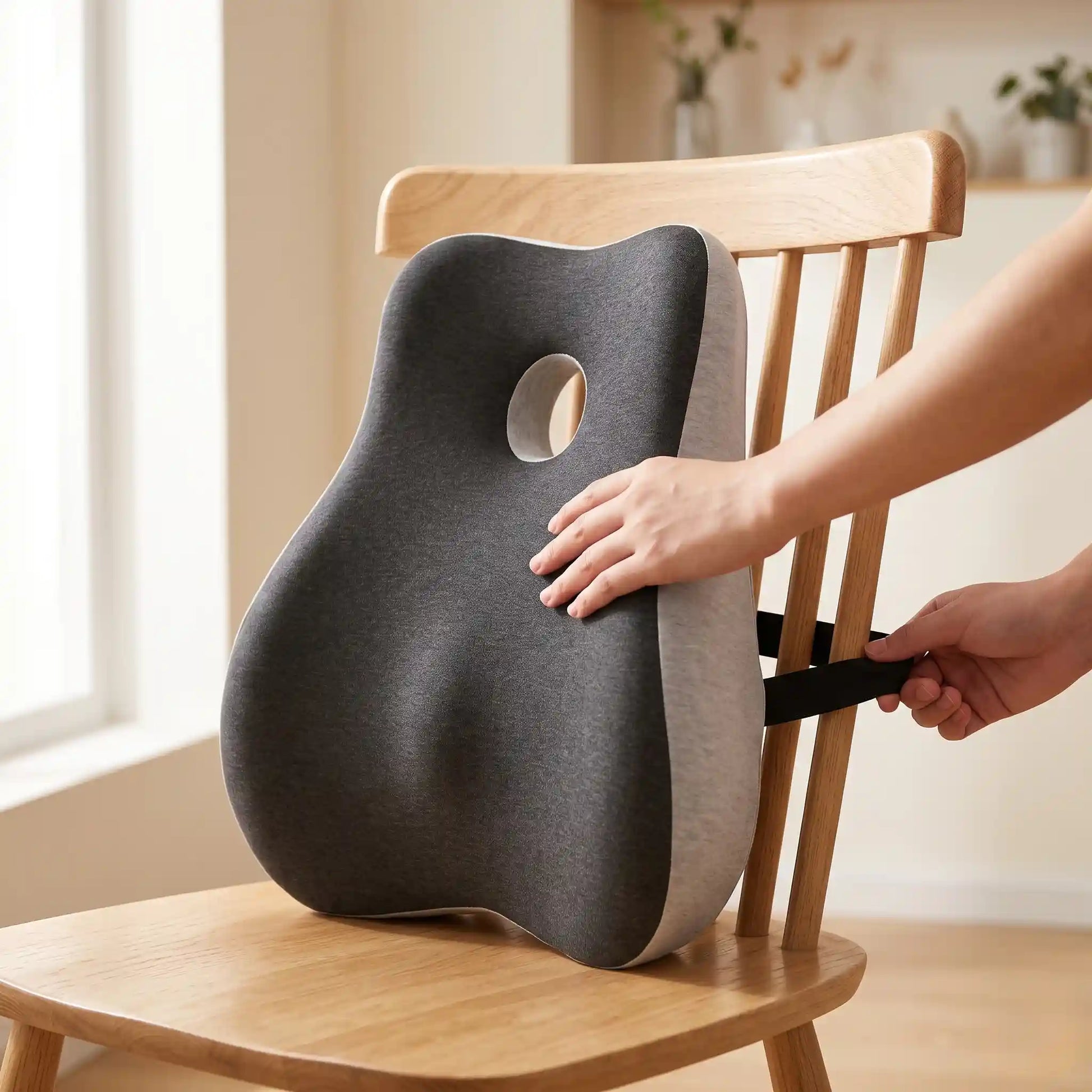 Person adjusting a cushion on a wooden chair in a bright room.