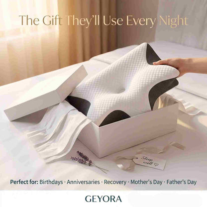 White pillow in a box on a bed with 'GEYORA' branding.