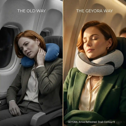 Comparison of using a neck pillow 'The Old Way' vs 'The Geyora Way' on an airplane.