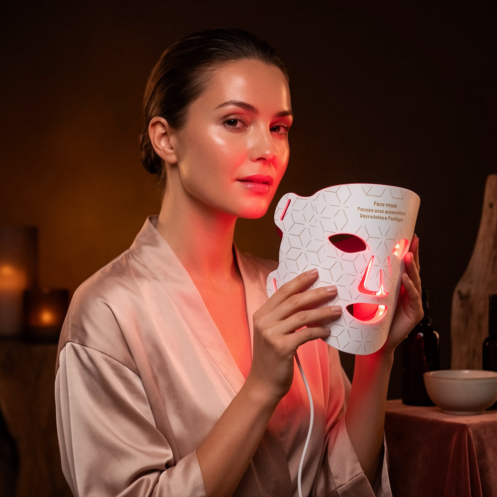 A woman in a satin robe holds a white LED facial therapy mask emitting a red glow, set against a warm, dimly lit spa background.