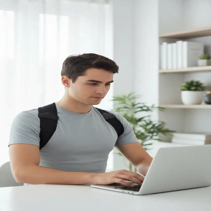 man working on with laptop using posture brace also