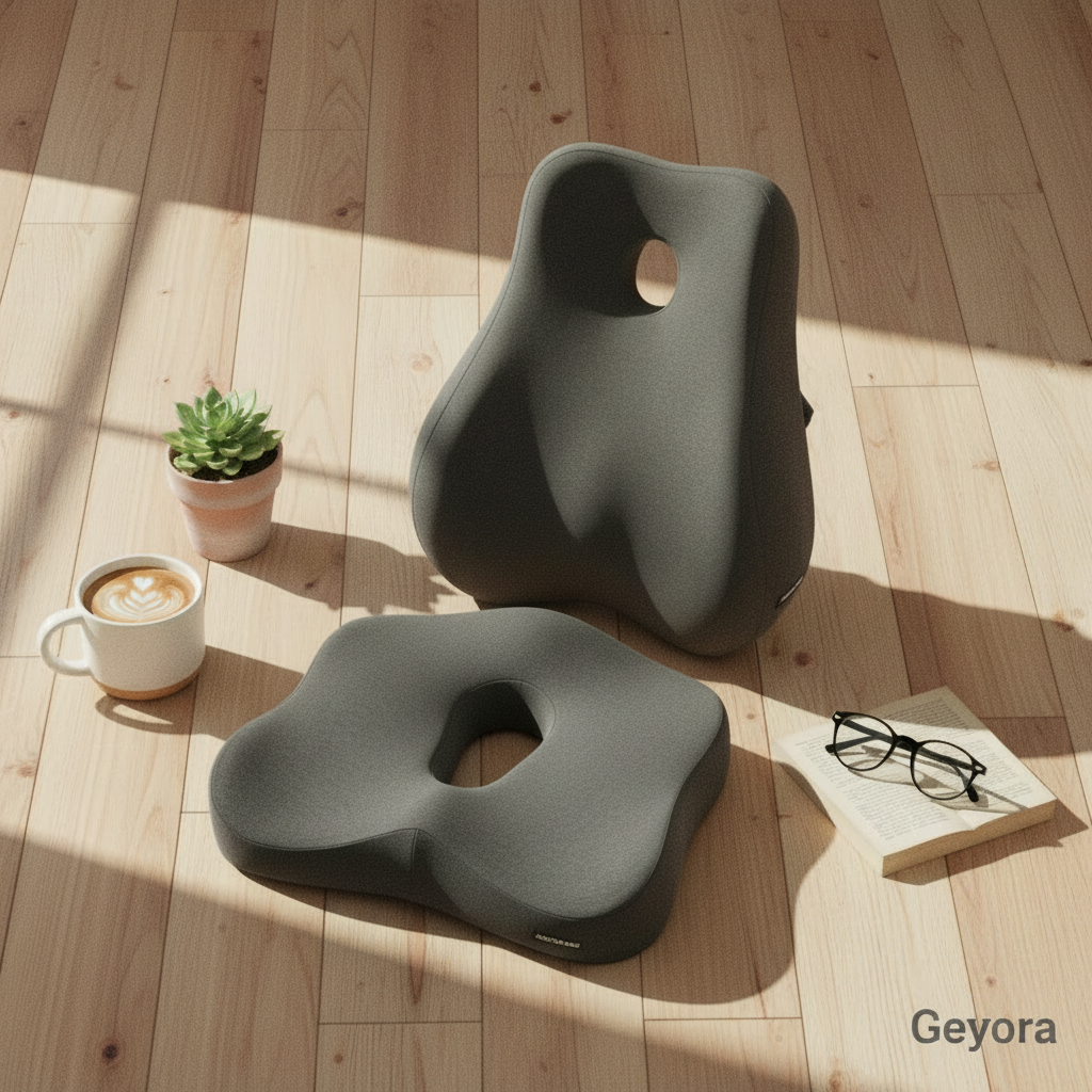 Memory Foam Seat Cushion & Lumbar Pillow Set flat lay – Geyora