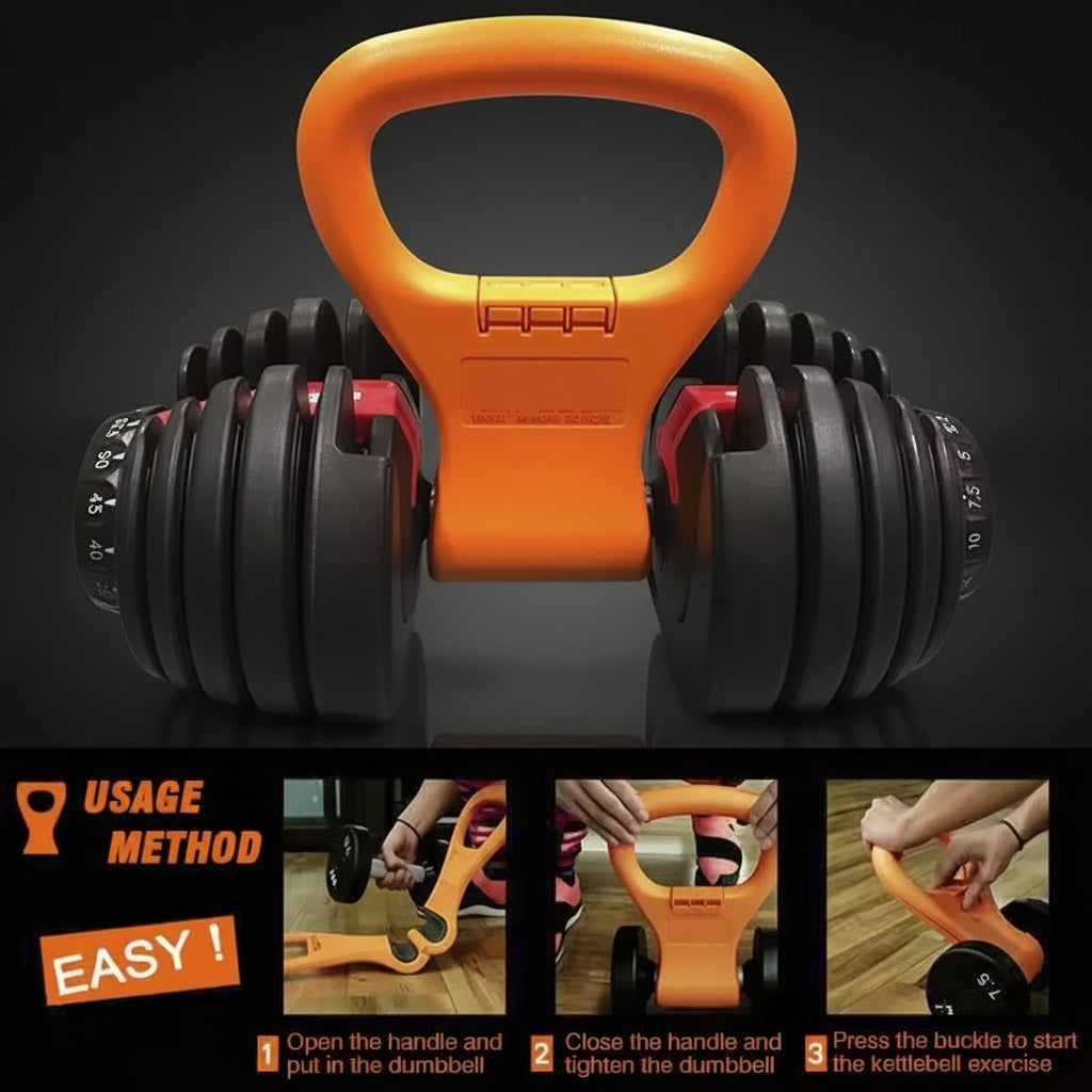 Pair of adjustable dumbbells with usage method instructions on a reflective surface.