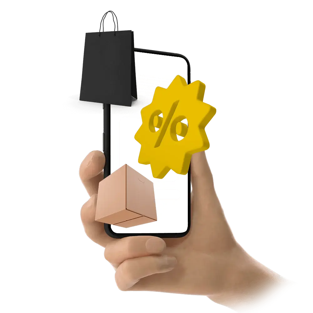 Hand holding a smartphone with a shopping bag and percentage symbol, indicating a sale or discount.
